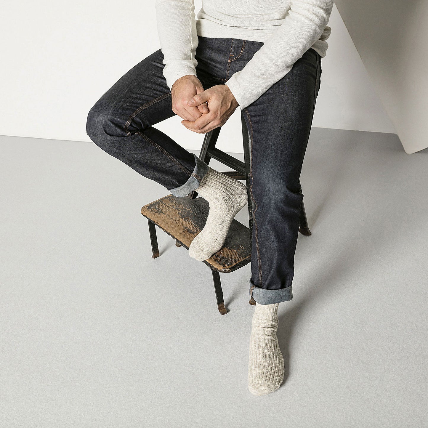 Cotton Slub Sock : Beige/White